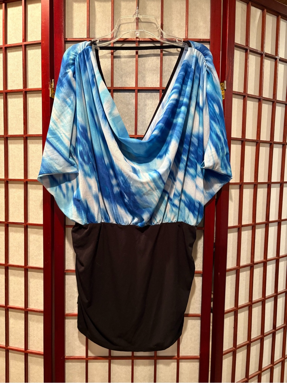 Dots Blue and White Draped Cowl Neck Blouse with Black Lower Panel